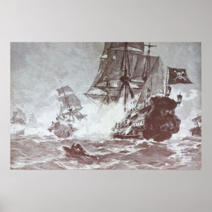 PÓSTER BATALHA DE NAVIO PIRATA EM PRETO E BRANCO
