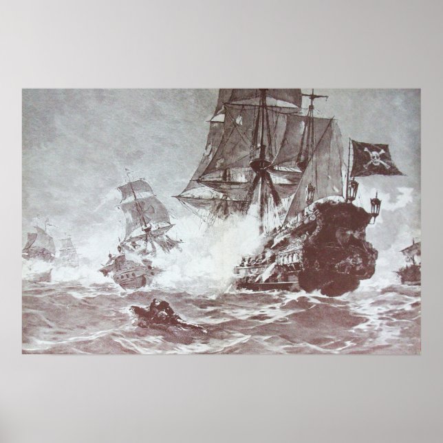 PÓSTER BATALHA DE NAVIO PIRATA EM PRETO E BRANCO (Frente)