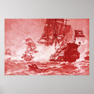PÓSTER BATALHA DE NAVIO PIRATA EM VERMELHO ANTIGO