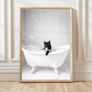 Poster Bathroom Black Cat in Bathtub Print, Bathtub Wall 