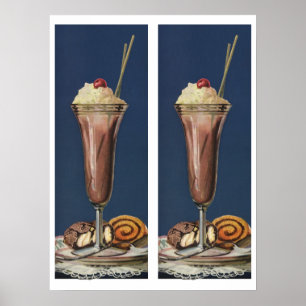Póster Batido de Sorvete Antigo, Creme Chantilly e Cereja