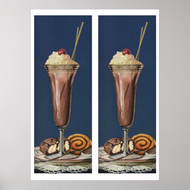 Póster Batido de Sorvete Antigo, Creme Chantilly e Cereja (Frente)