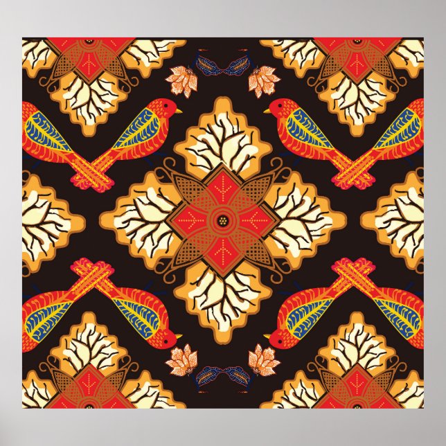 Poster Batik indonésio: motivo da fauna da flora. (Frente)