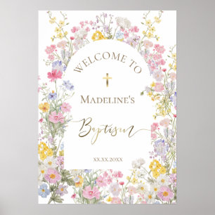Poster Batismo aquarela flores de prado bem-vindo