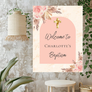 Poster Batismo blush rosa dourado pampas aranha de grama 