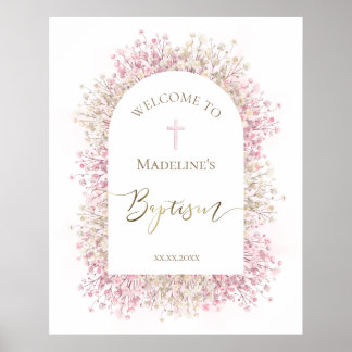 Poster Batismo cor-de-rosa branco floral bem-vindo