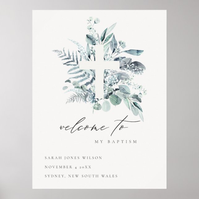 Poster Batismo da Cruz da Fauna Blue Eucalyptus Fern (Frente)