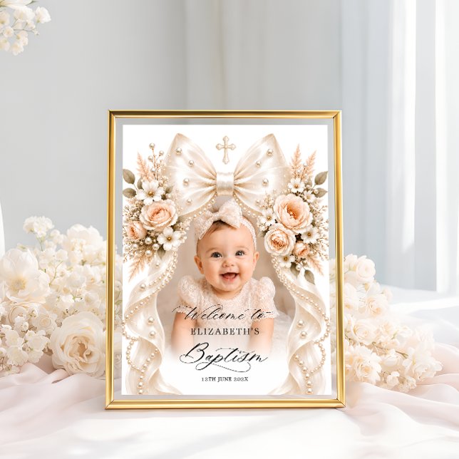 Poster Batismo Elegante Arco Floral e Foto de Boas-vindas (Criador carregado)