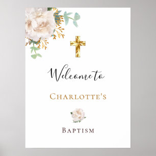 Poster Batismo eucalipto branco de ouro floral é bem-vind