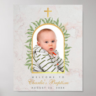 Poster Batismo Foto Faux Arch Dourado Greenery Bem-vindo