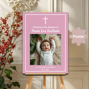 Poster Batismo White Cross Dusty Pink 1 Foto Bem-vinda