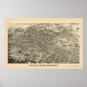 Póster Battle Creek, mapa panorâmico do MI - 1880s