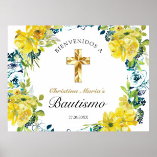 Poster Bautismo de Niña Bonita Cruz Floral Amarillo