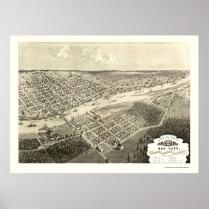 Póster Bay City, mapa panorâmico do MI - 1867