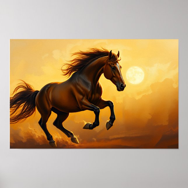 Poster Bay Horse Gallops, Sunset Sky, Flowing Mane (Frente)
