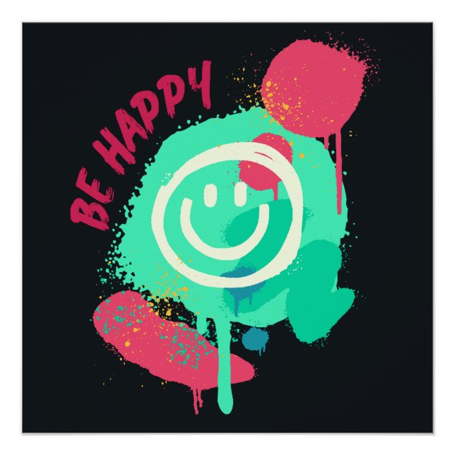 Póster Be Happy Smiley Mint & Pink Graffiti Street Art (Frente)