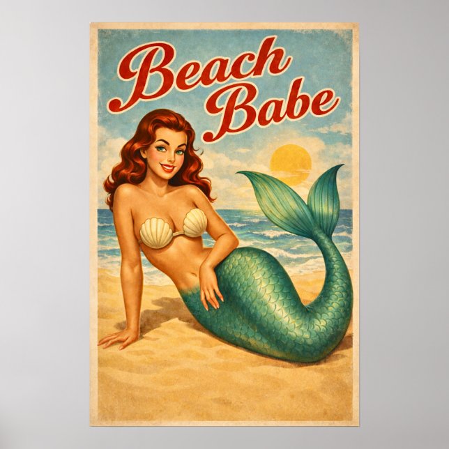 Poster Beach Babe Pin-Up Mermaid - Retro Coastal Life Art (Frente)