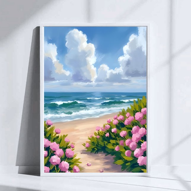 Poster Beach in Bloom | Pink Hydrangea Oceanside Coastal (Criador carregado)