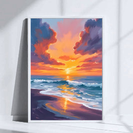Poster Beach Sunset Watercolor Ocean Painting Art