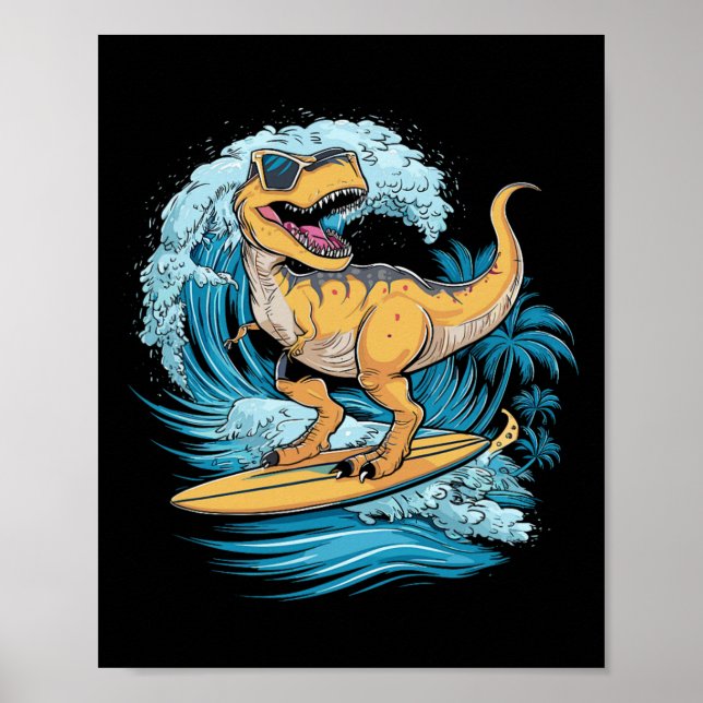 Poster Beach Surfing Dinosaur T-rex Surfer  (Frente)