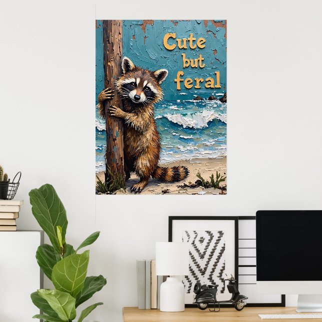 Poster Beachside Wanderer: Raccoon no Posto (Escritório em casa)