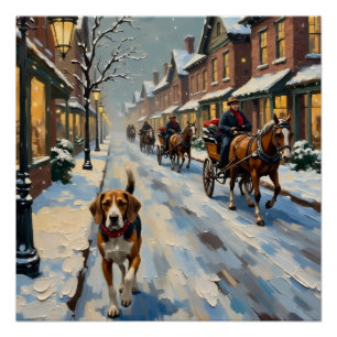 Póster Beagle Antigo em Rua Victoriana Nevada no Natal