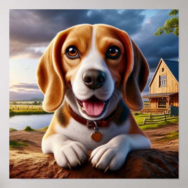 Poster Beagle charmoso em uma cena russa do campo (Frente)