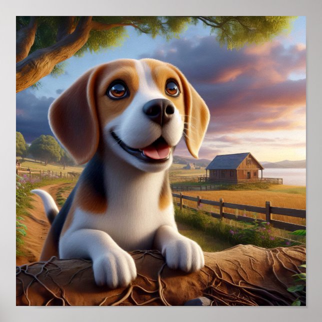 Poster Beagle charmoso em uma cena russa do campo (Frente)