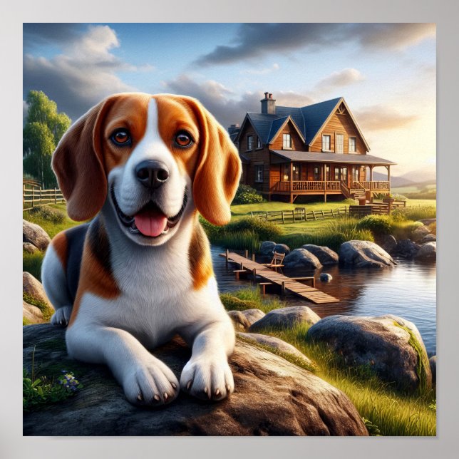 Poster Beagle charmoso em uma cena russa do campo (Frente)
