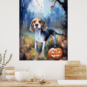 Poster Beagle de Halloween com Abóboras Assustador
