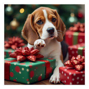 Póster Beagle Enrolando Presentes Pintura de Natal