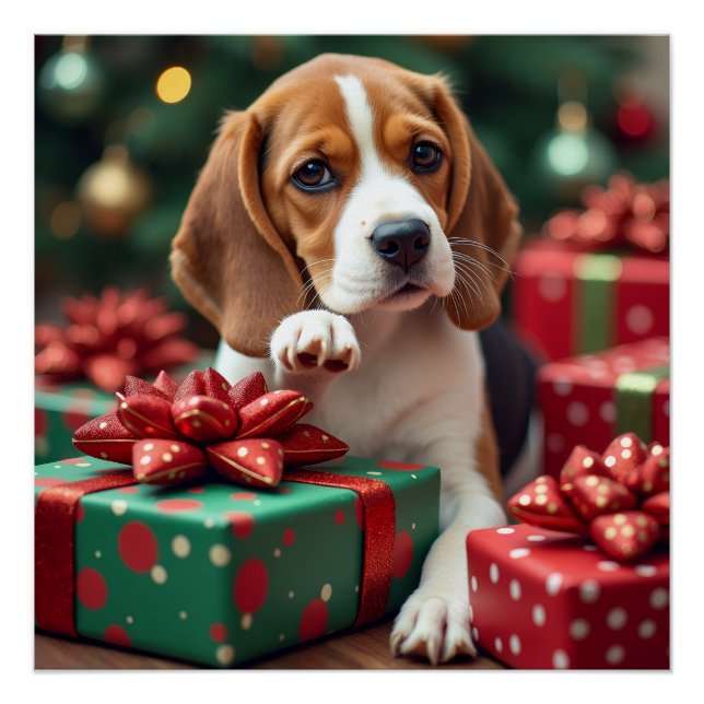 Póster Beagle Enrolando Presentes Pintura de Natal (Frente)