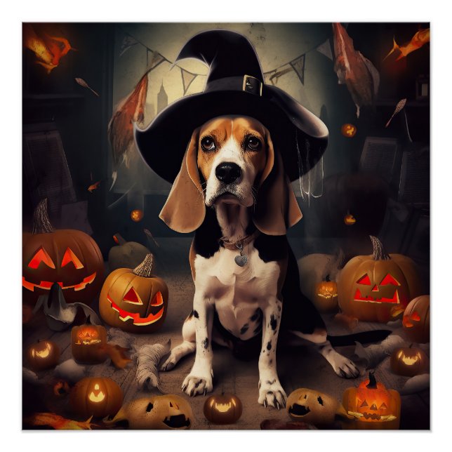 Póster Beagle Pumpkins Halloween Assustado (Frente)
