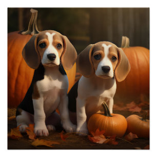 Póster Beagle Puppy Autumn Delight Pumpkin