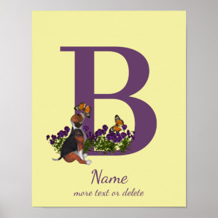 Poster Beagle Puppy Butterflies Monograma Nome B Inicial 