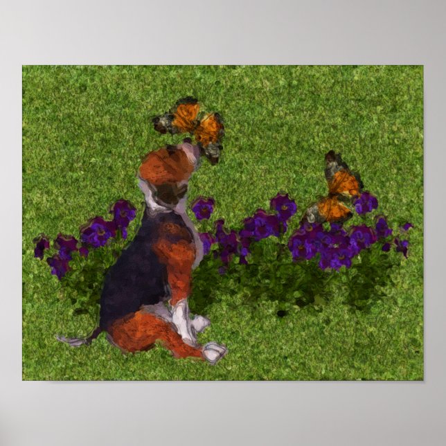 Póster Beagle Puppy Butterflies Pintura Fotográfica de Cã (Frente)
