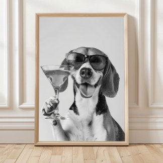 Poster Beagle Segurando Arte de Parede de Coquetel, Preto