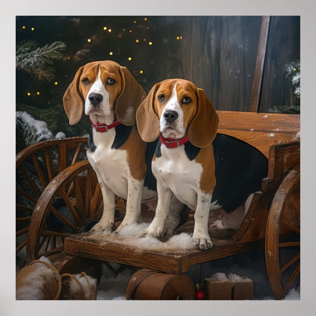 Poster Beagle Sleigh Natal Decoração Nevada (Frente)