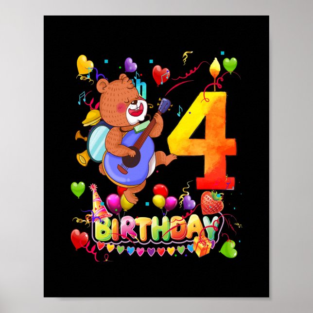 Poster Bear Aniversário de 4 Anos Crianças de 4 Anos Aniv (Frente)