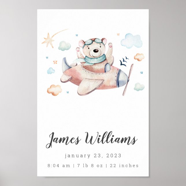 Poster Bear Avião Estatuações de Nascimento de Bebê Poste (Frente)