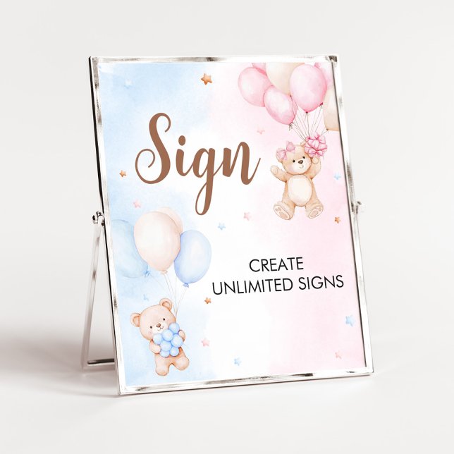 Poster Bear Balloon Gender Reveal Sign (Bear Balloon He or She Gender Reveal Custom Sign)
