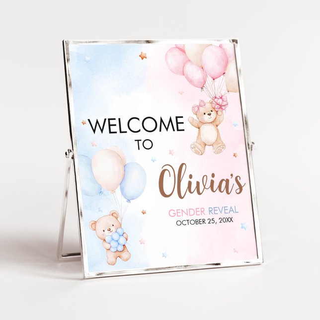 Poster Bear Balloon Gender Reveal Welcome Sign (Bear Balloon He or She Gender Reveal Welcome Sign)