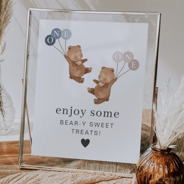 Poster Bear Boy Twins - primeiro aniversario - Sinal de A (Bear Boy Girl Twins - 1st Birthday - Treats Sign)