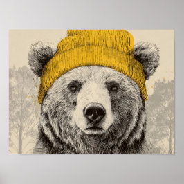 Poster Bear in Yellow Beanie Rustic Woodland Animal 