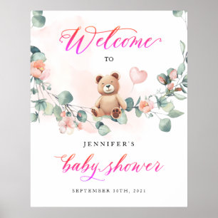 Poster Bear Pink Girl Baby Shower Welcome Sign
