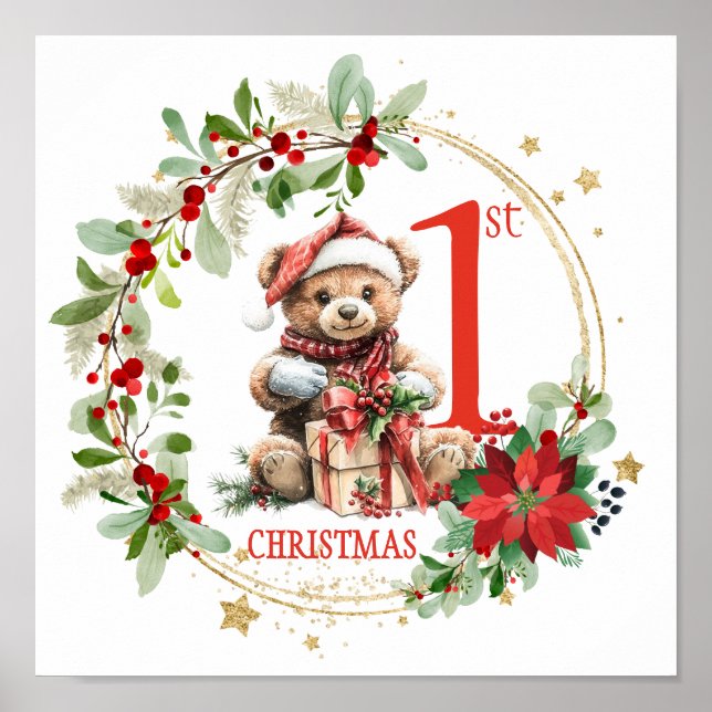 Poster Bear Poinsettia Foliage Bebê Primeiro Natal (Frente)