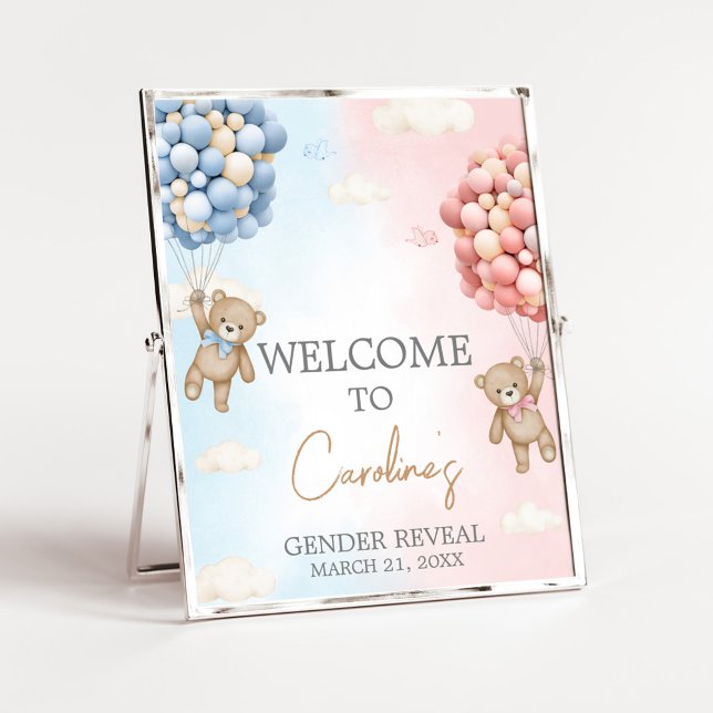 Poster Bearly Wait BearBalloon Gender Reveal Welcome Sign (Bear Balloon He or She Gender Reveal Welcome Sign)
