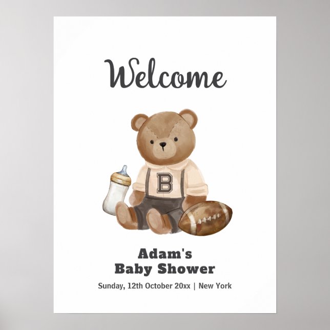 Poster Bearly Wait Football Sport Baby Shower Welcome (Frente)