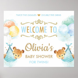 Poster Bears Bonitos Gêmeos Bebês Chá Sinal de Boas-Vinda