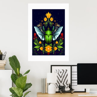 Poster Beatê verde com mosca e flores